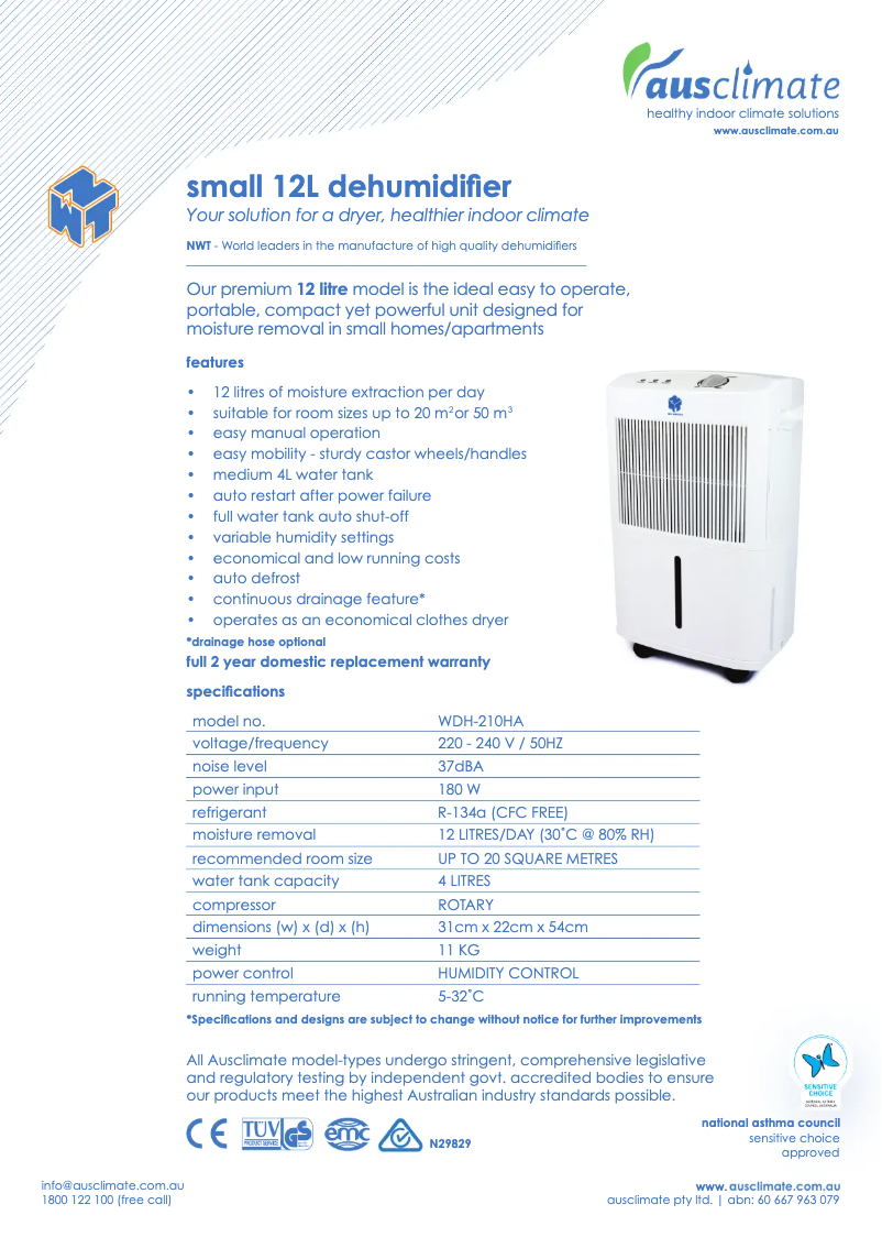 Page n°1 - Fiche technique Ausclimate WDH-210HA