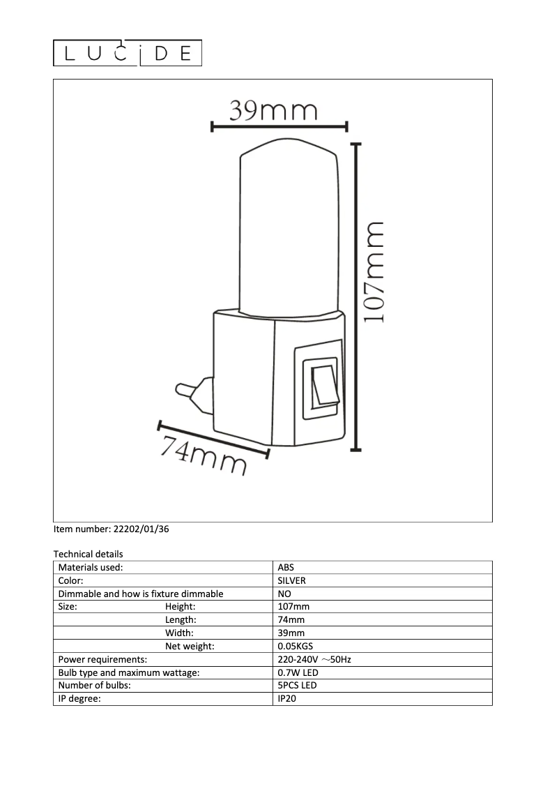 Page n°1 - Manuel utilisateur Lucide Led night light 22202/01/36