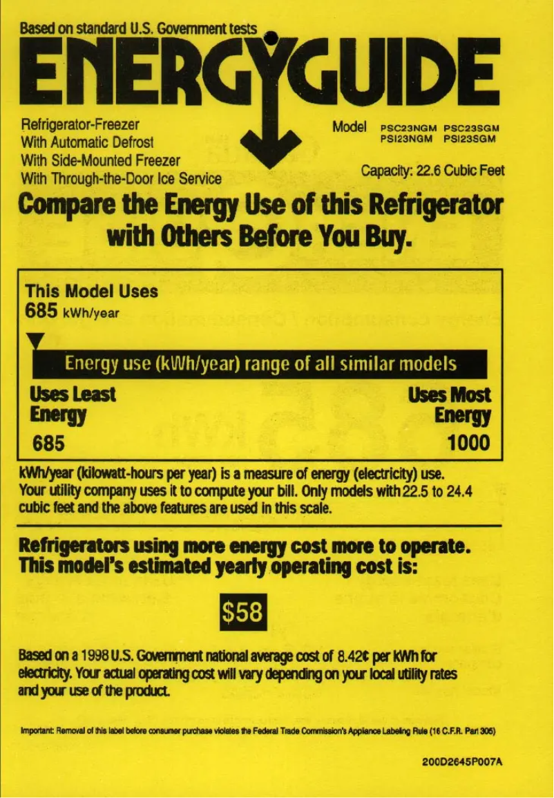 Page 1 de la notice Label énergétique GE PSC23NGMCC