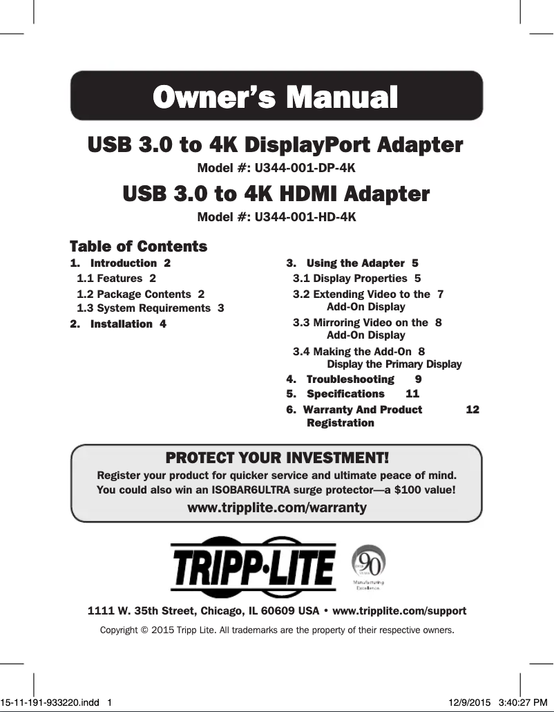 Page 1 de la notice Manuel utilisateur Tripp Lite U344-001-DP-4K