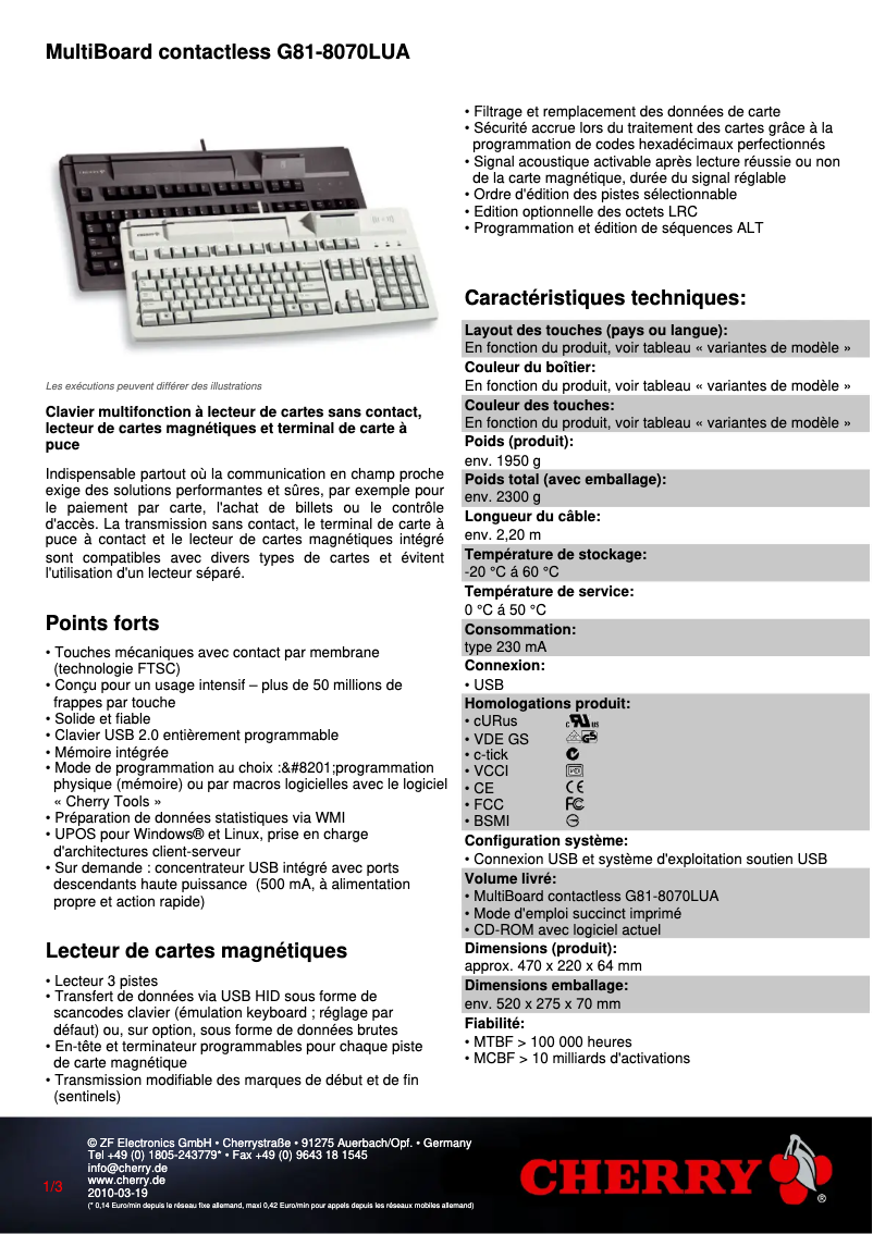 Page 1 de la notice Fiche technique Cherry MultiBoard G81-8070LUA