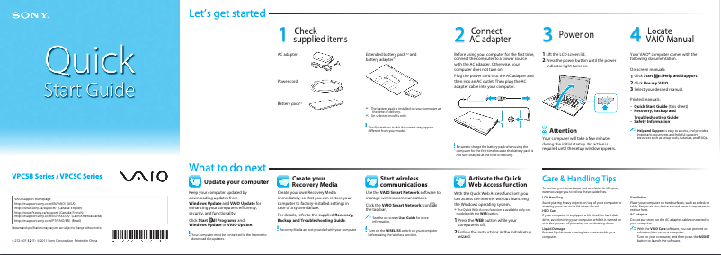 Page 1 de la notice Guide d'installation Sony Vaio VPCSC1AFD