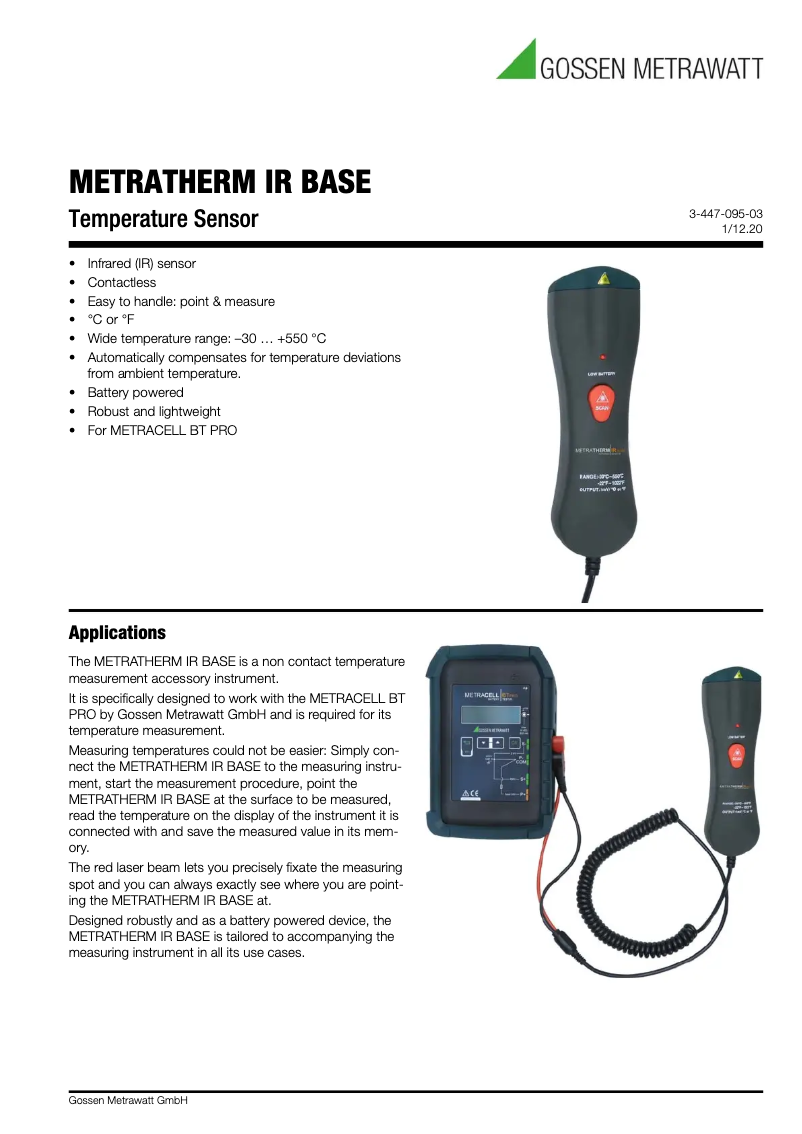Página 1 del manual Ficha técnica Gossen Metrawatt METRATHERM IR BASE