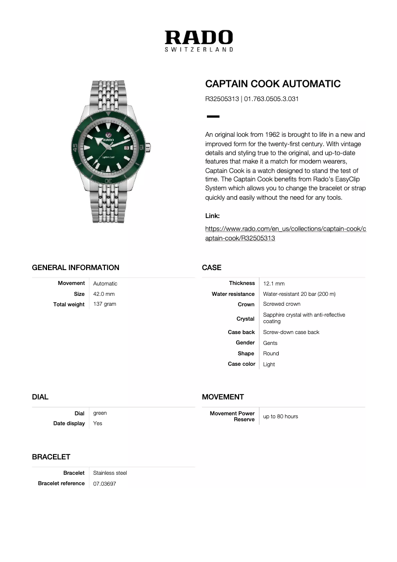 Page n°1 - Fiche technique Rado Captain Cook Automatic R32505153
