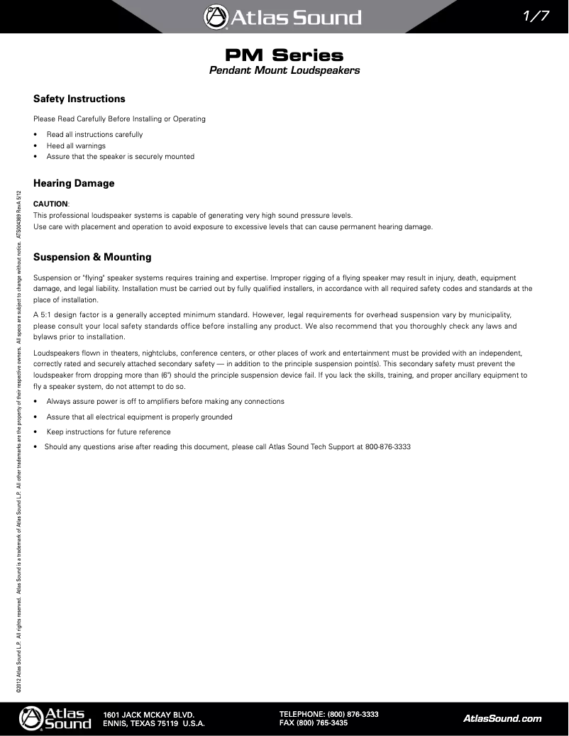 Page 1 de la notice Manuel utilisateur Atlas Sound PM8CX-B