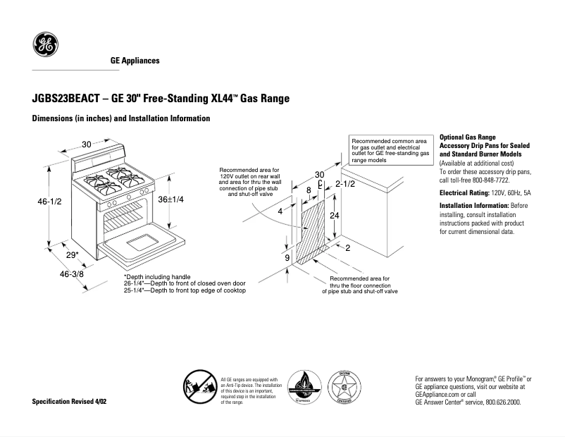 Page 1 de la notice Fiche technique GE JGBS23BEACT