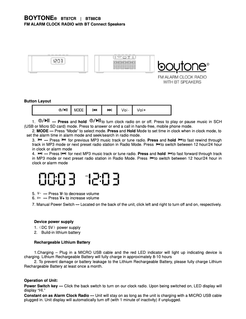 Page 1 de la notice Manuel utilisateur Boytone BT-87CR