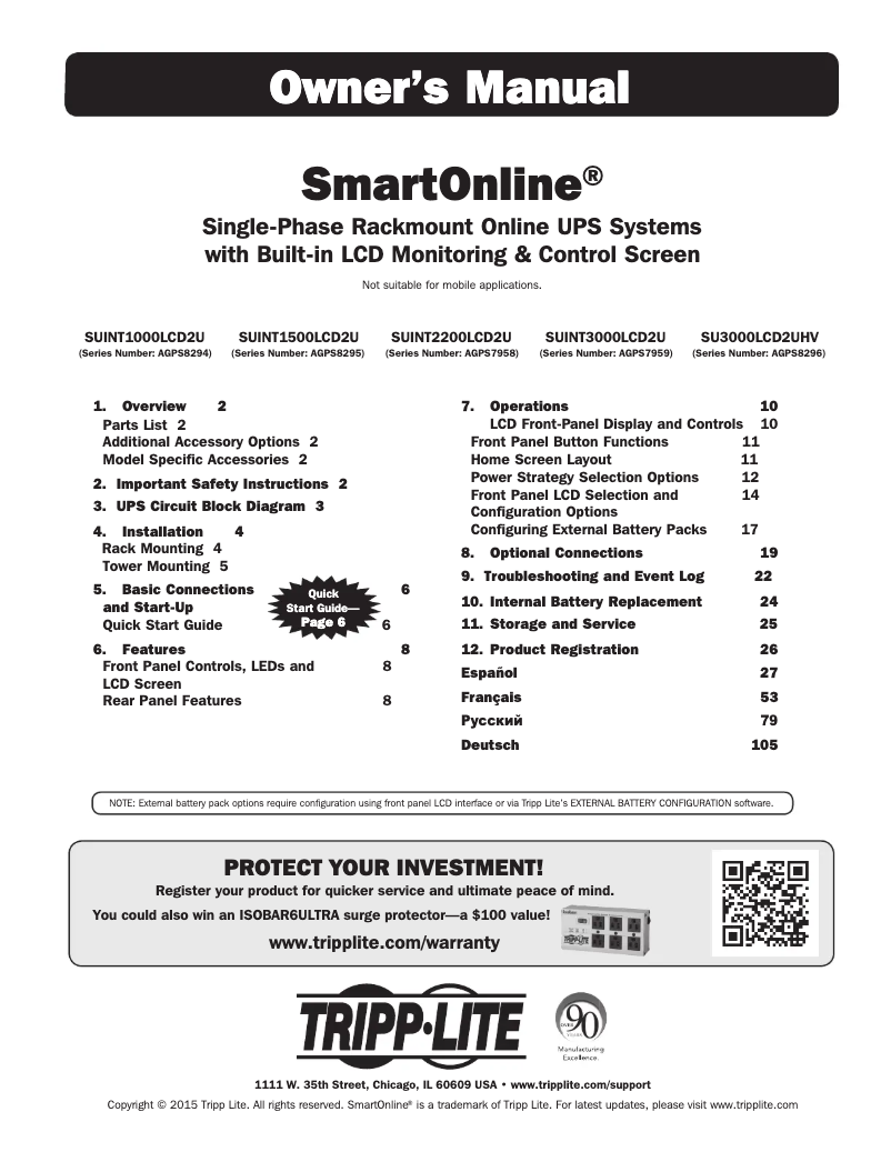 Page 1 de la notice Manuel utilisateur Tripp Lite SmartOnline SU3000LCD2UHV