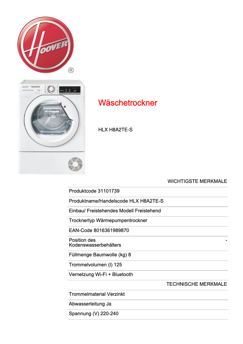 Page 1 de la notice Fiche technique Hoover LINK X-CARE HLX H8A2TE-S