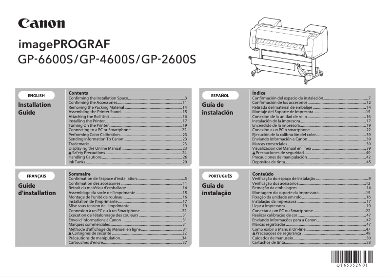 Page 1 de la notice Guide d'installation Canon imagePROGRAF GP-4600S