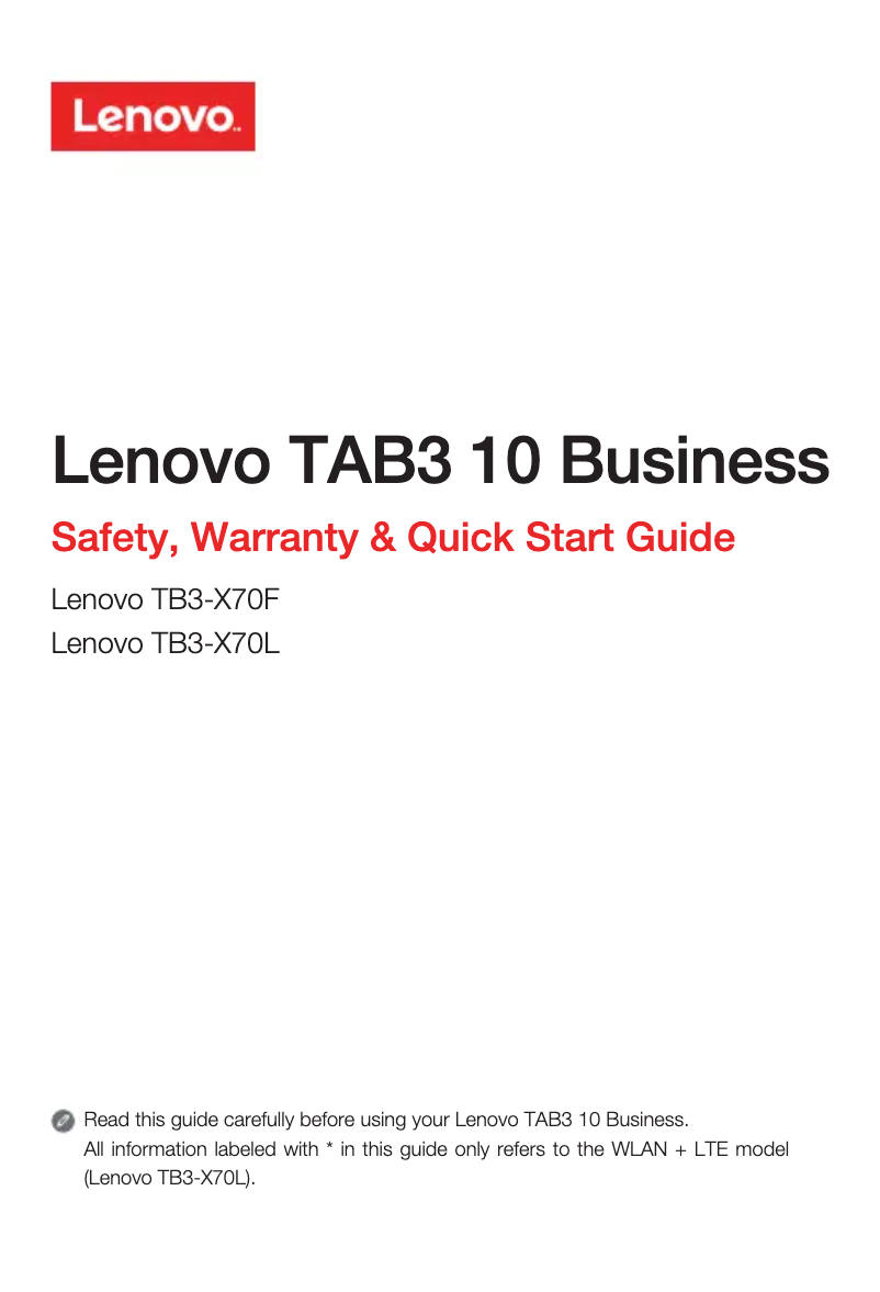 Page 1 de la notice Guide de démarrage rapide Lenovo Tab3 10 Business