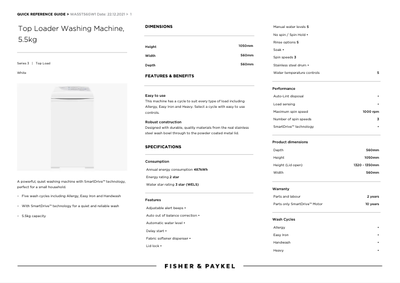 Page 1 de la notice Manuel utilisateur Fisher & Paykel WA55T56GW1