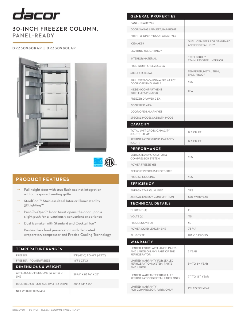 Página 1 del manual Ficha técnica Dacor DRZ30980LAP