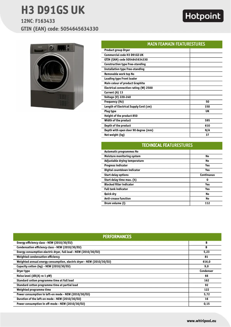 Page 1 de la notice Fiche technique Hotpoint H3 D91GS UK