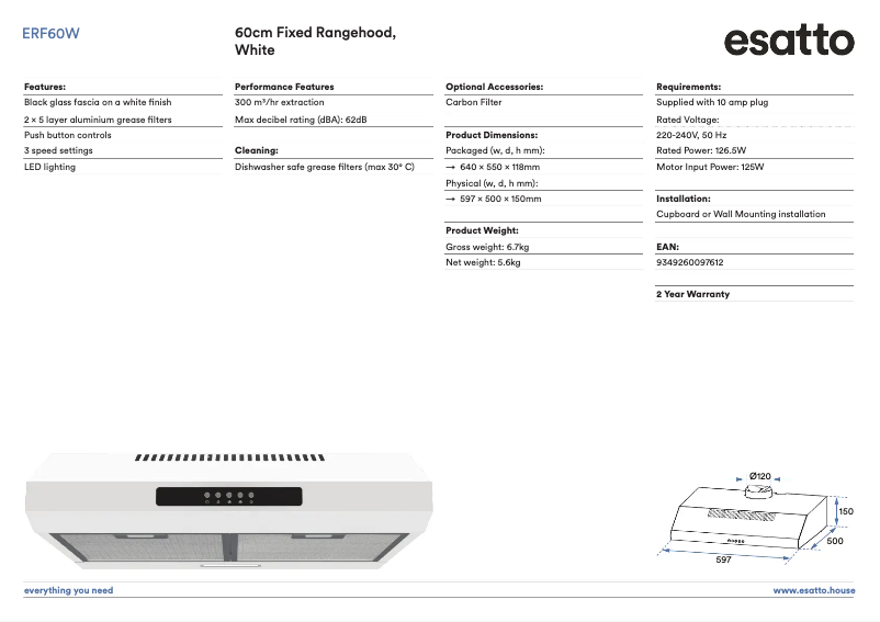 Page 1 de la notice Fiche technique Esatto ERF60W