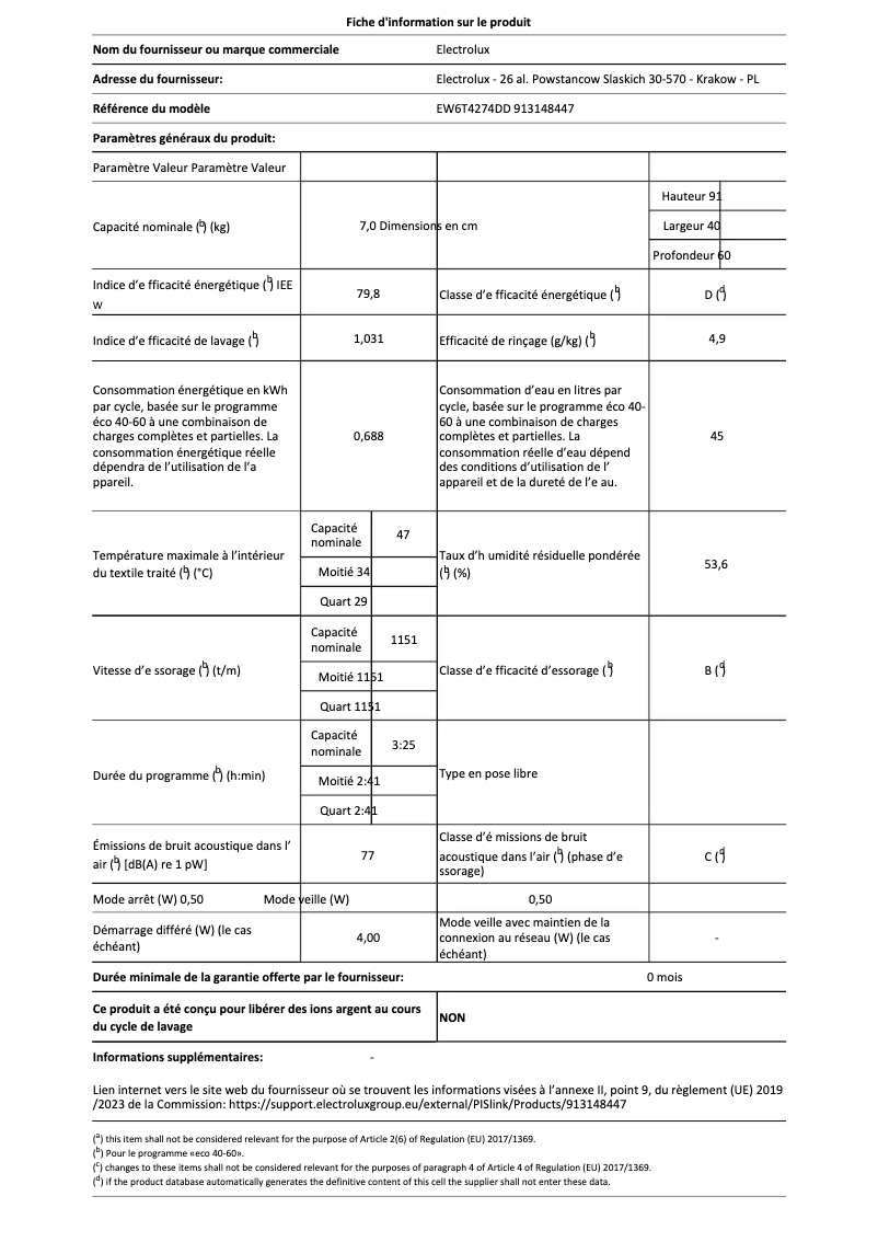 Page 1 de la notice Fiche technique Electrolux EW6T4274DD