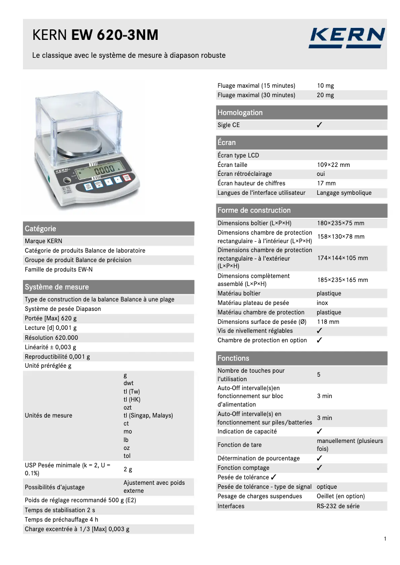 Page 1 de la notice Fiche technique Kern EW 620-3NM