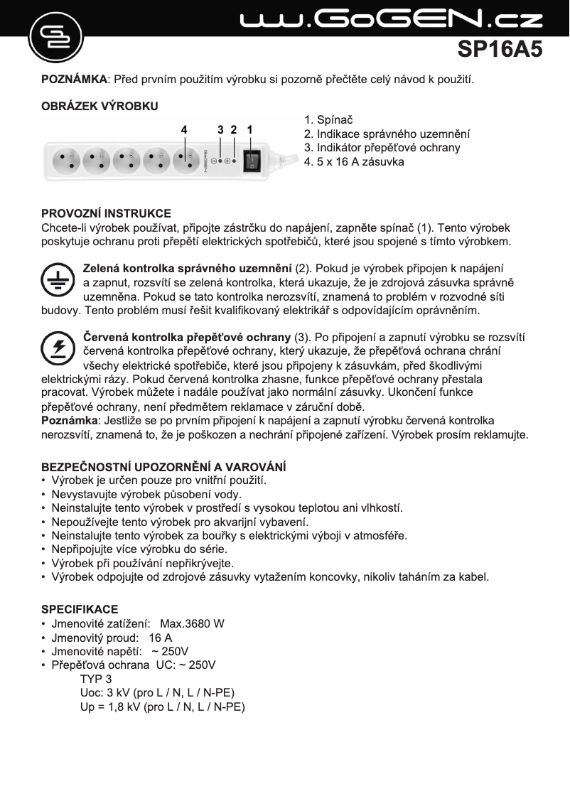 Page n°1 - Manuel utilisateur GoGen SP16A5