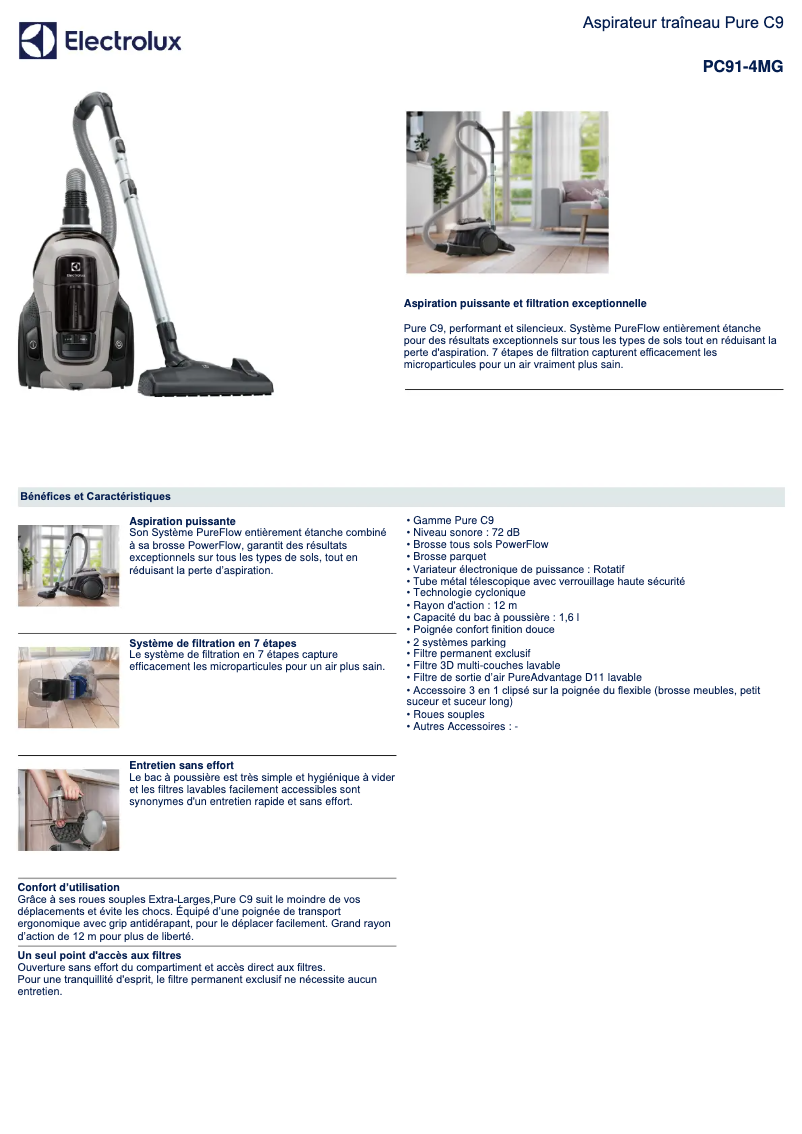 Page 1 de la notice Fiche technique Electrolux PC91-4MG
