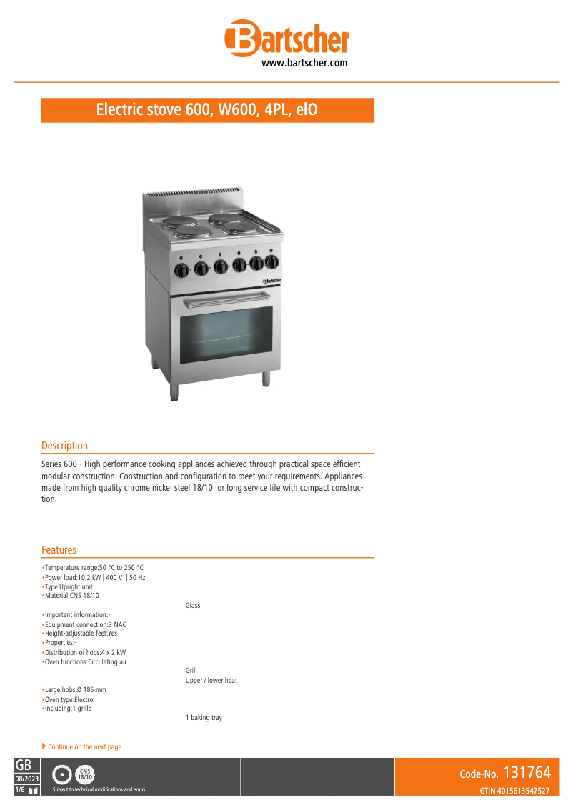 Page 1 de la notice Fiche technique Bartscher 131764