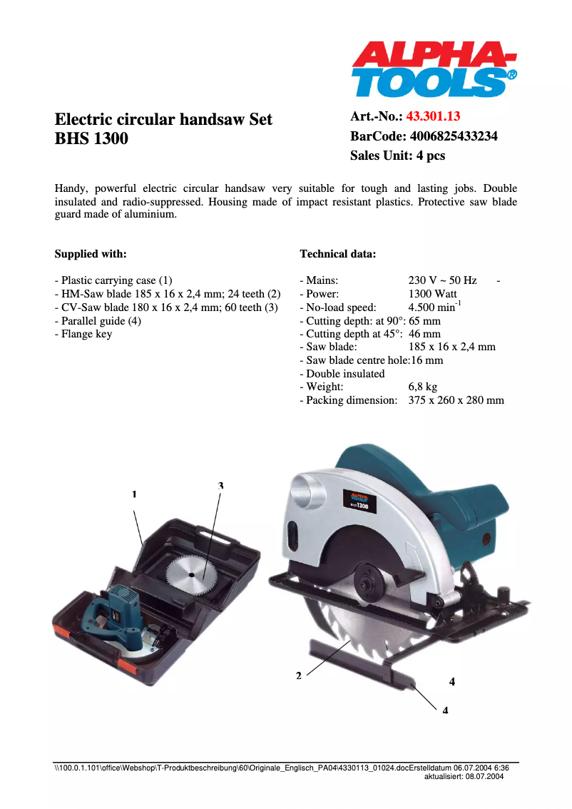 Page n°1 - Fiche technique Alpha Tools BHS 1300
