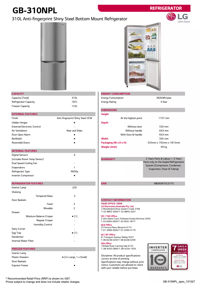 Page 1 de la notice Fiche technique LG GB-310NPL