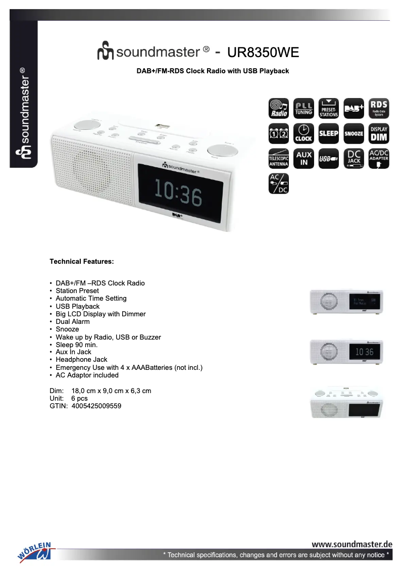 Page 1 de la notice Fiche technique Soundmaster UR8350