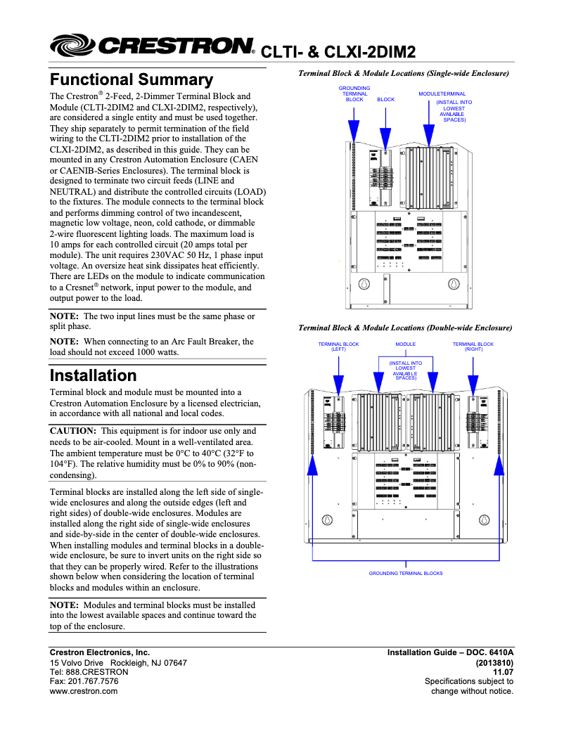 Page 1 de la notice Manuel utilisateur Crestron CLXI-2DIM2