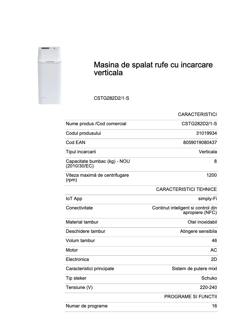Page 1 de la notice Fiche technique Candy CSTG282D2/1-S
