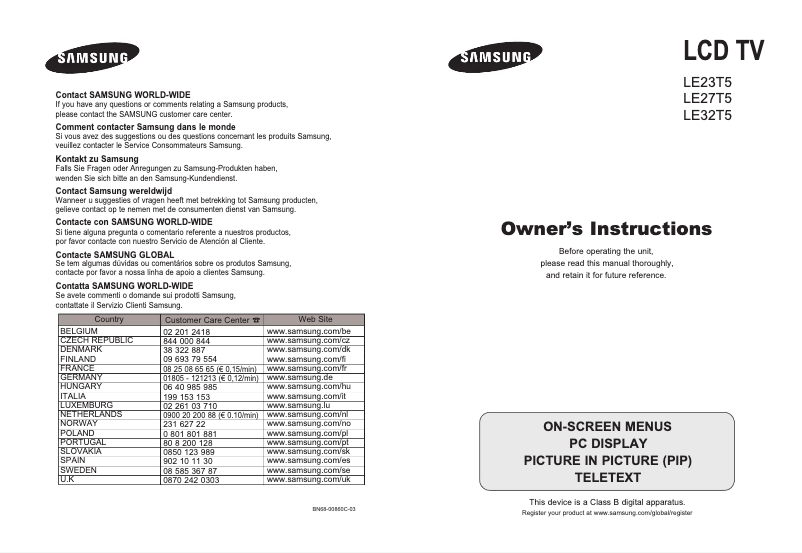 Page 1 de la notice Manuel utilisateur Samsung LE32T51S