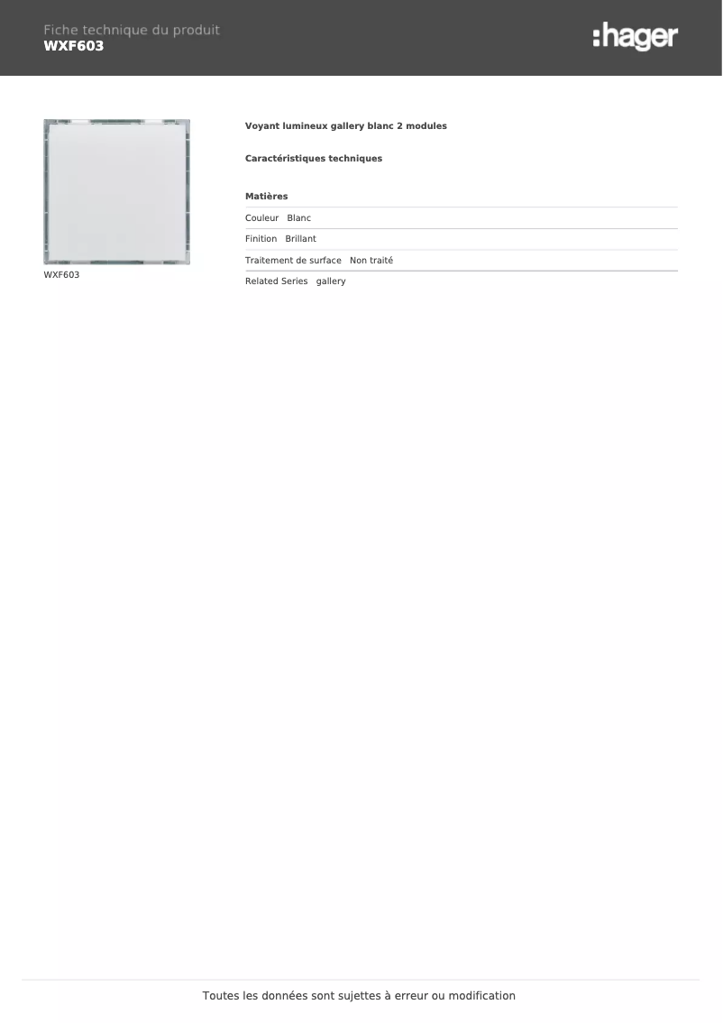 Page n°1 - Fiche technique Hager WXF603