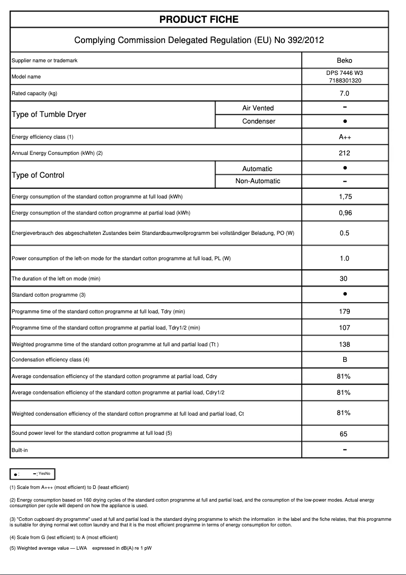 Page 1 de la notice Fiche technique Beko DPS 7446 W3