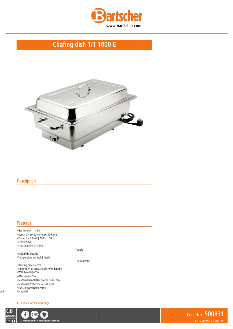 Page n°1 - Fiche technique Bartscher 500831