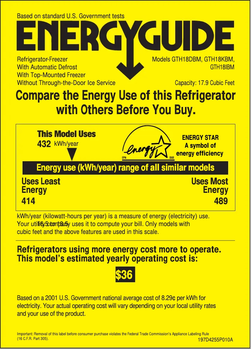 Página 1 del manual Etiqueta energética GE GTH18DBMLWW