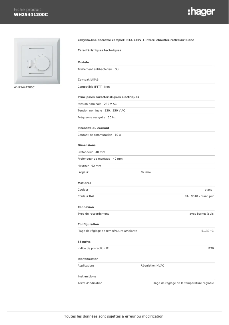Page 1 de la notice Fiche technique Hager WH25441200C