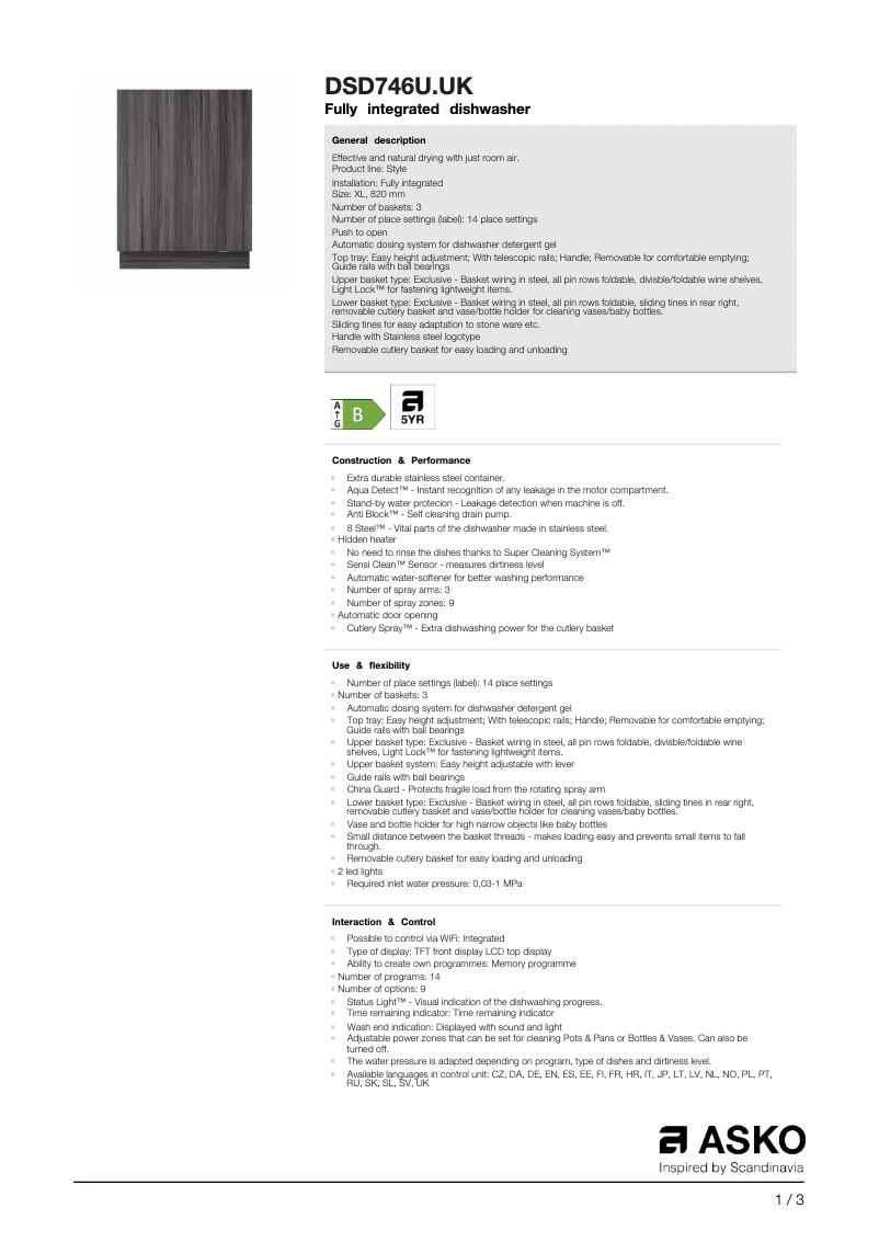 Page 1 de la notice Fiche technique Asko DSD746U.UK