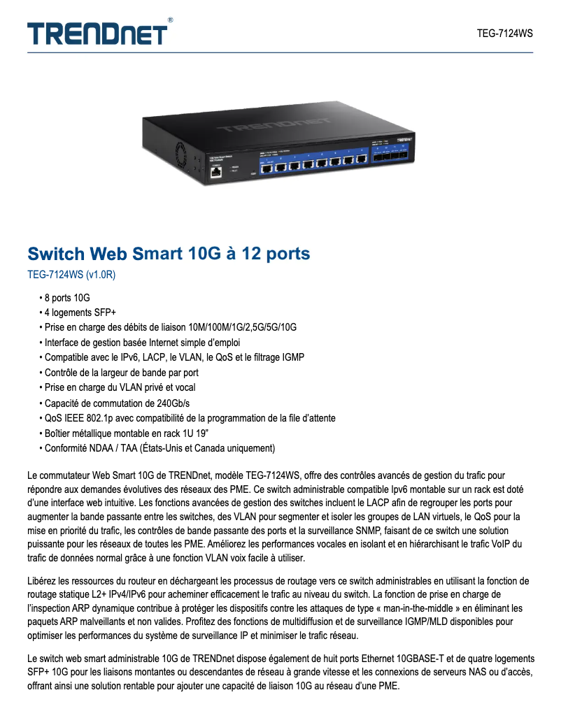 Page 1 de la notice Fiche technique TRENDnet TEG-7124WS