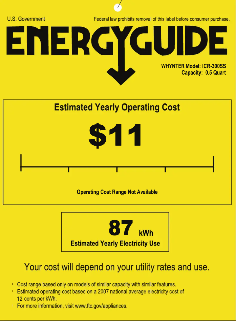 Page 1 de la notice Label énergétique Whynter ICR-300SS