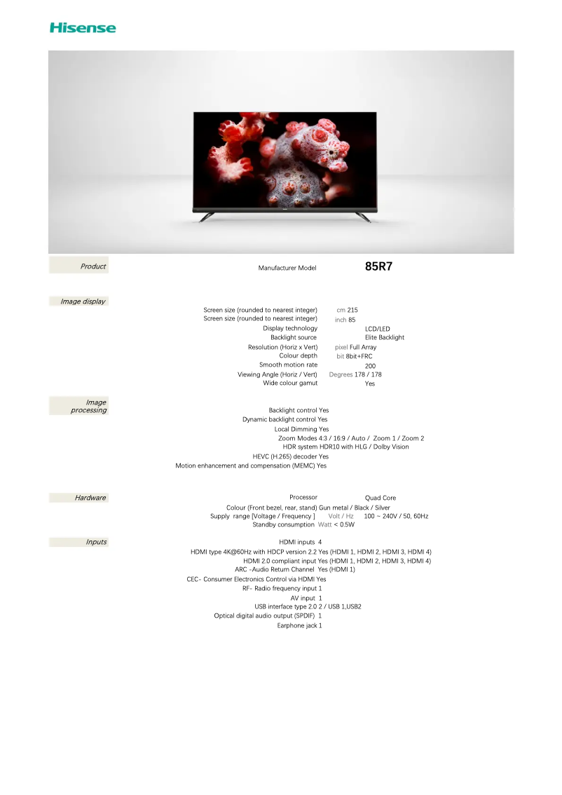Page 1 de la notice Fiche technique Hisense 85R7