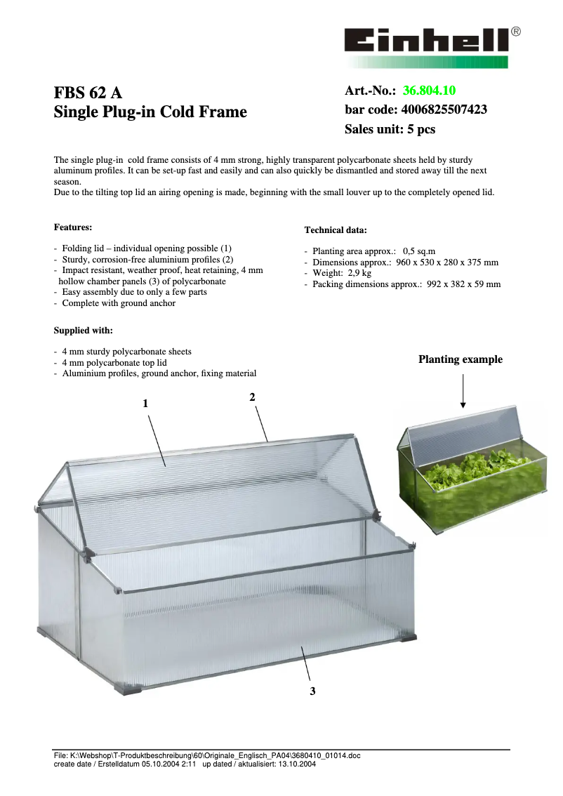 Page n°1 - Fiche technique Einhell FBS 62 A