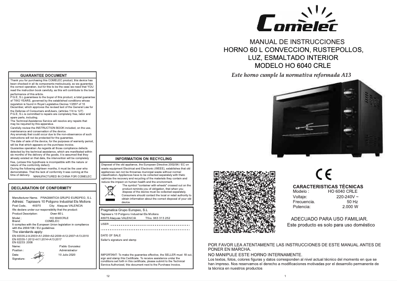 Page n°1 - Manuel utilisateur Comelec HO 6040 CRLE