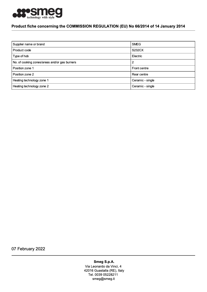 Page 1 de la notice Brochure Smeg S232CX