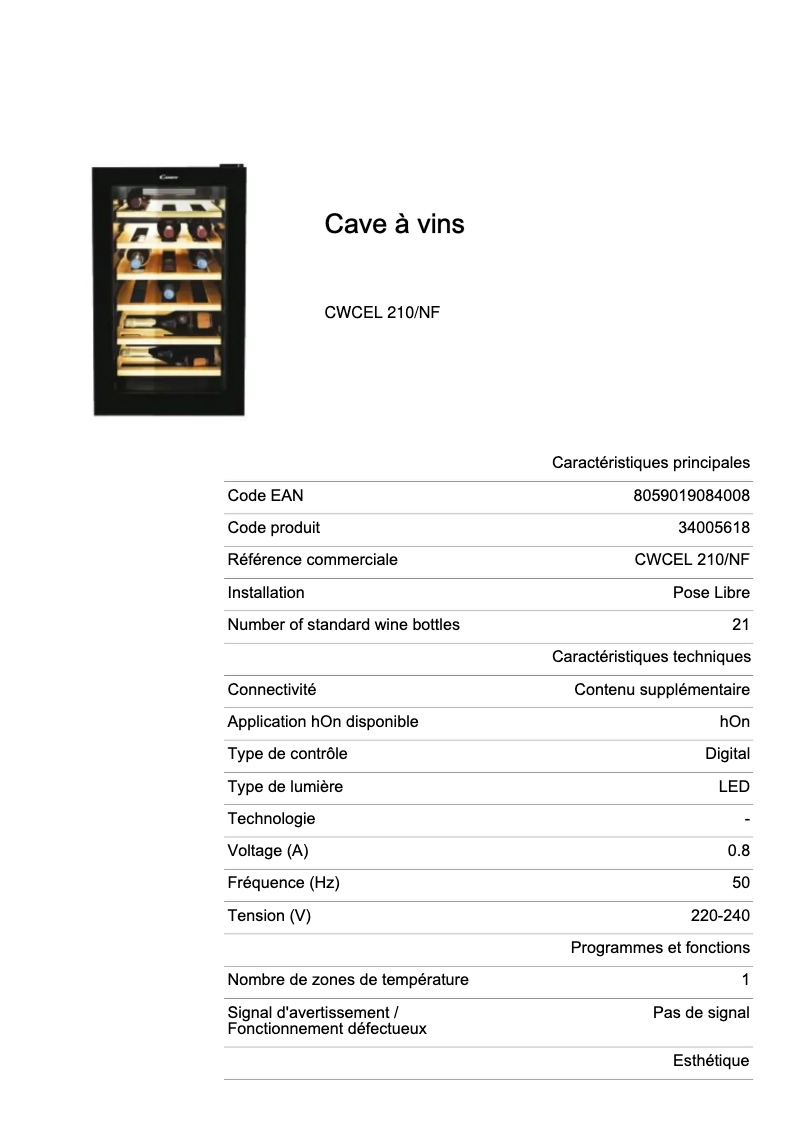 Page 1 de la notice Fiche technique Candy CWCEL 210/NF