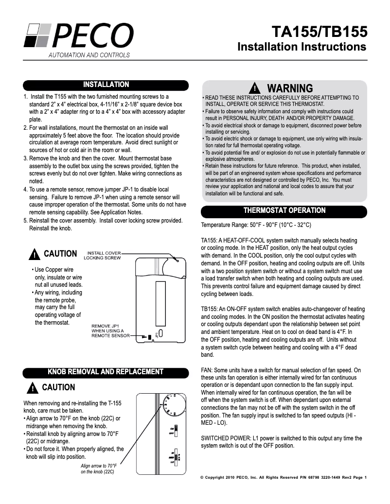 Page 1 de la notice Manuel utilisateur PECO TB155-046