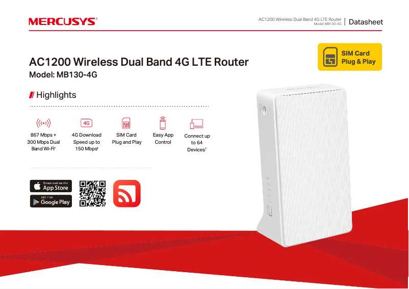 Page 1 de la notice Fiche technique Mercusys MB130-4G