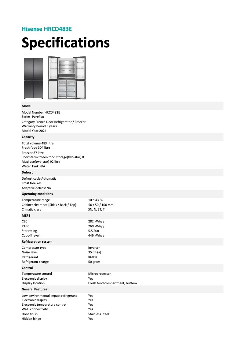 Page 1 de la notice Fiche technique Hisense HRCD483E