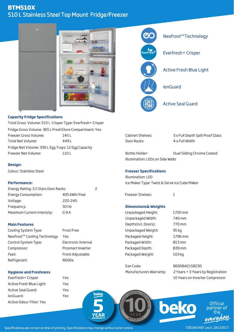 Page 1 de la notice Fiche technique Beko BTM510X