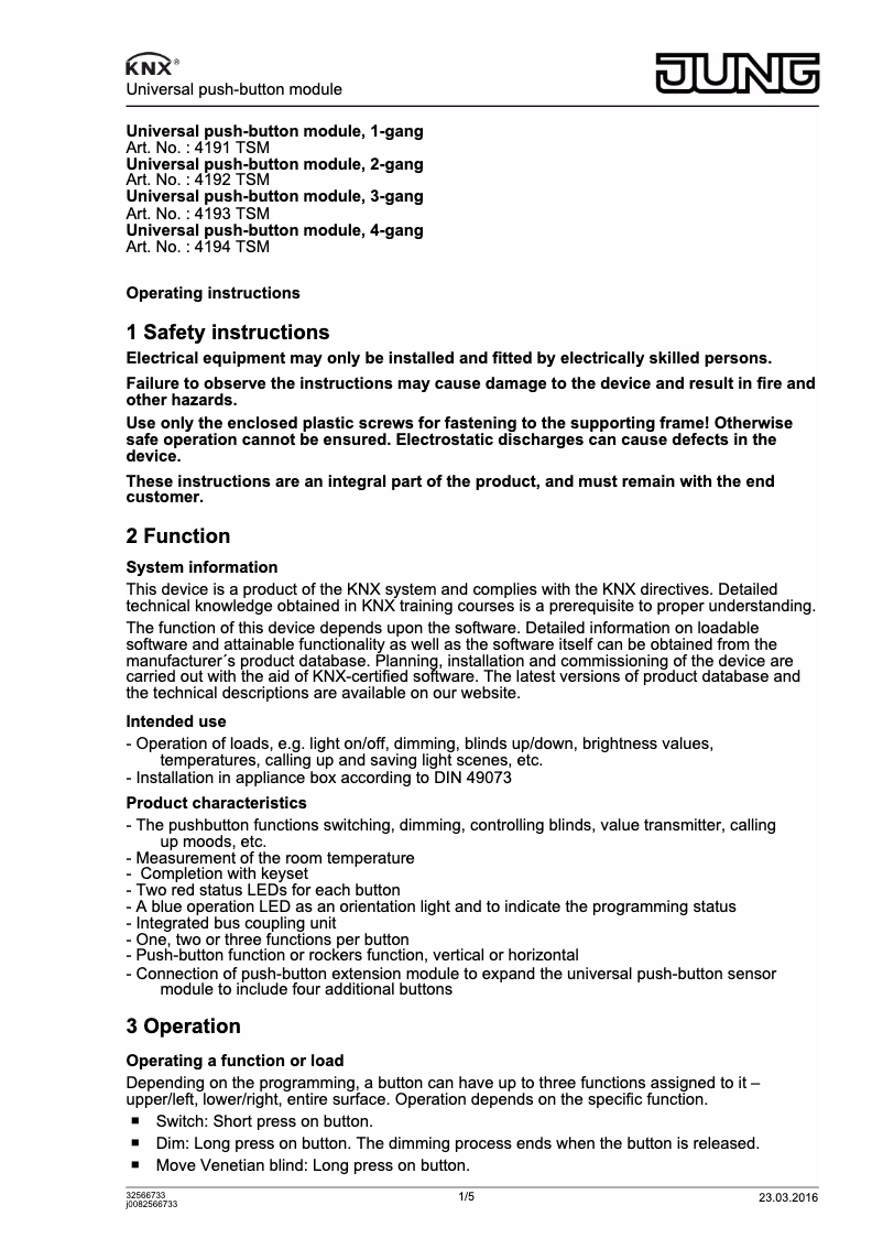 Page 1 de la notice Manuel utilisateur JUNG 4193 TSM