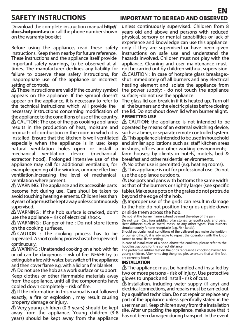 Page n°1 - Instructions / montage Hotpoint PAN 642 IX/H