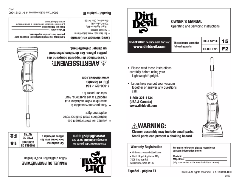 Page 1 de la notice Manuel utilisateur Dirt Devil Dynamite M084650